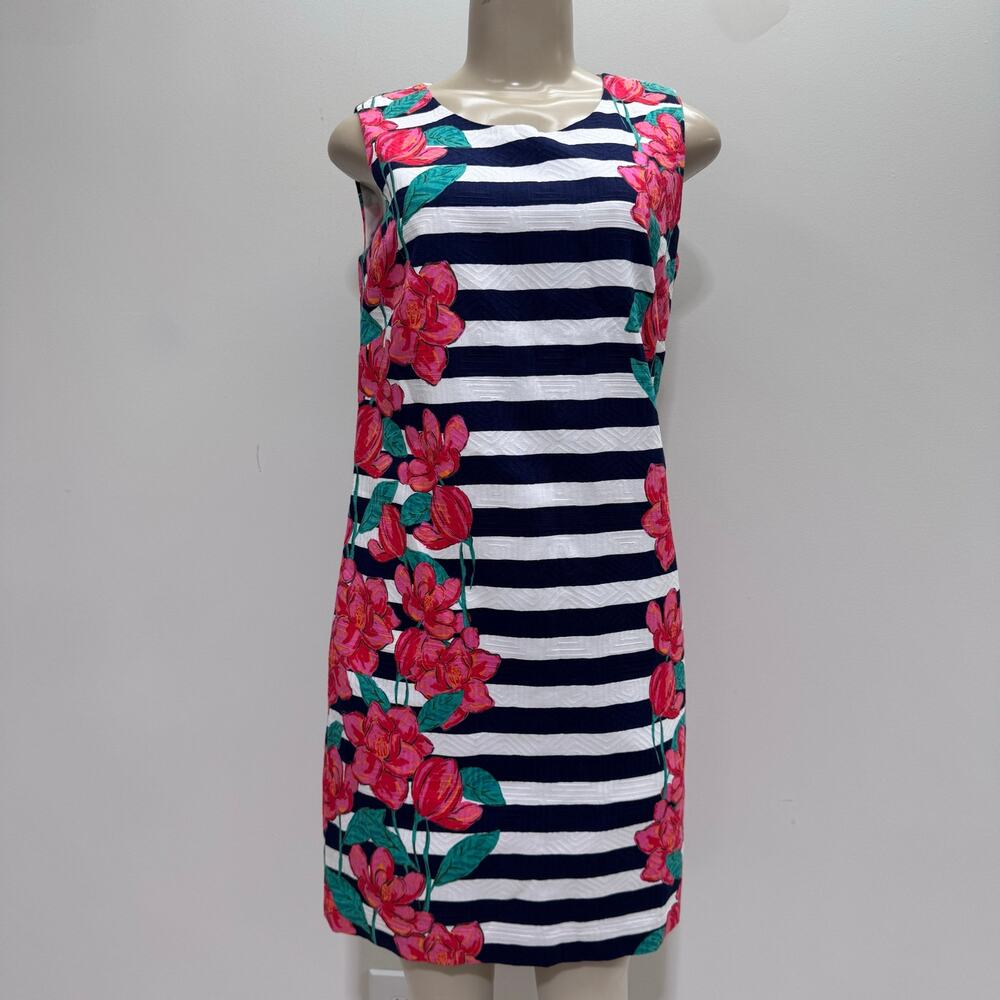 Vineyard Vines Magnolia Stripe Shift Dress Blue Stripe Floral Sleeveless Sz 2
